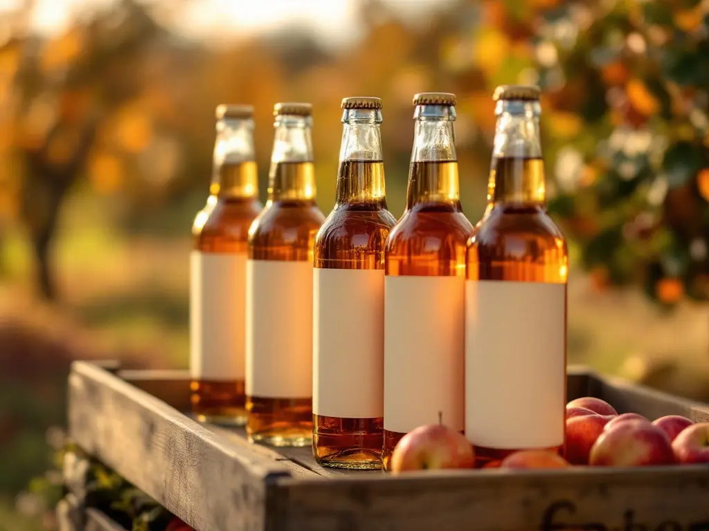 Hollow Creek cider bottles with fresh blank labels, standing on a wooden orchard crate