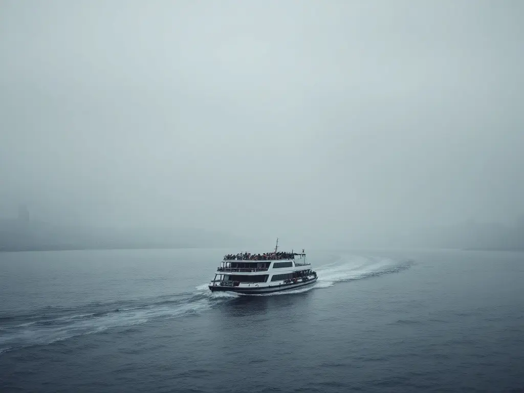 A small Meridian ferry crossing a gray harbor