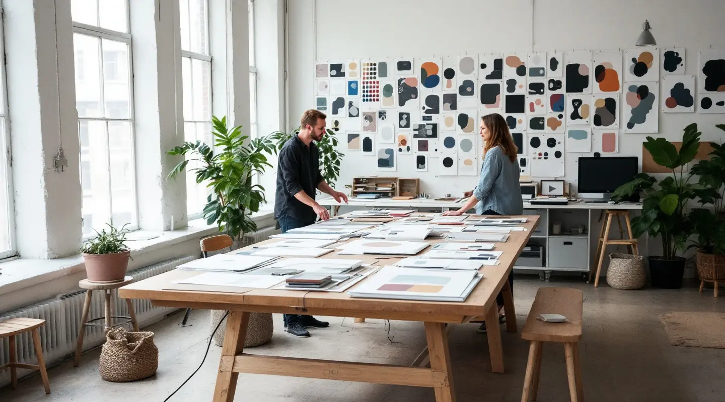 Inside the Fieldwork studio: two designers at a worktable covered in printed proofs, in front of a wall of color swatches and cut-paper shapes