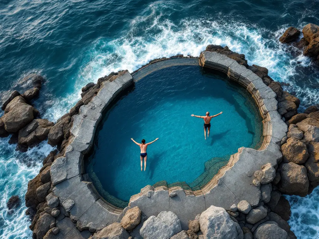 Overhead view of an ocean tidal pool with two swimmers, the club's home water