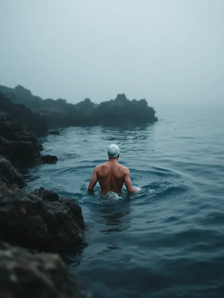 A swimmer in a white cap wading out from dark rocks into a calm, misty sea at dawn
