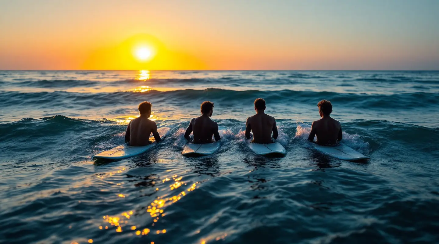 Four surfers sitting on their boards in the lineup, facing the sunrise