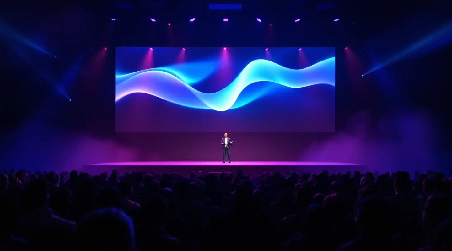 Last year's opening keynote: a speaker alone on stage under a waveform on the big screen, seen from the back of a full hall