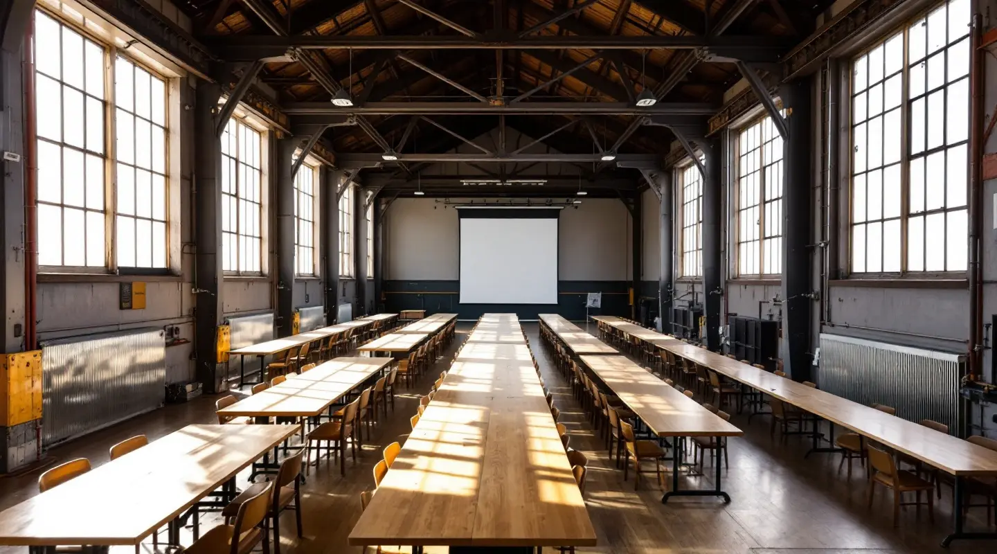 Inside Halve Maan Werf: a converted shipyard hall with long tables under tall industrial windows