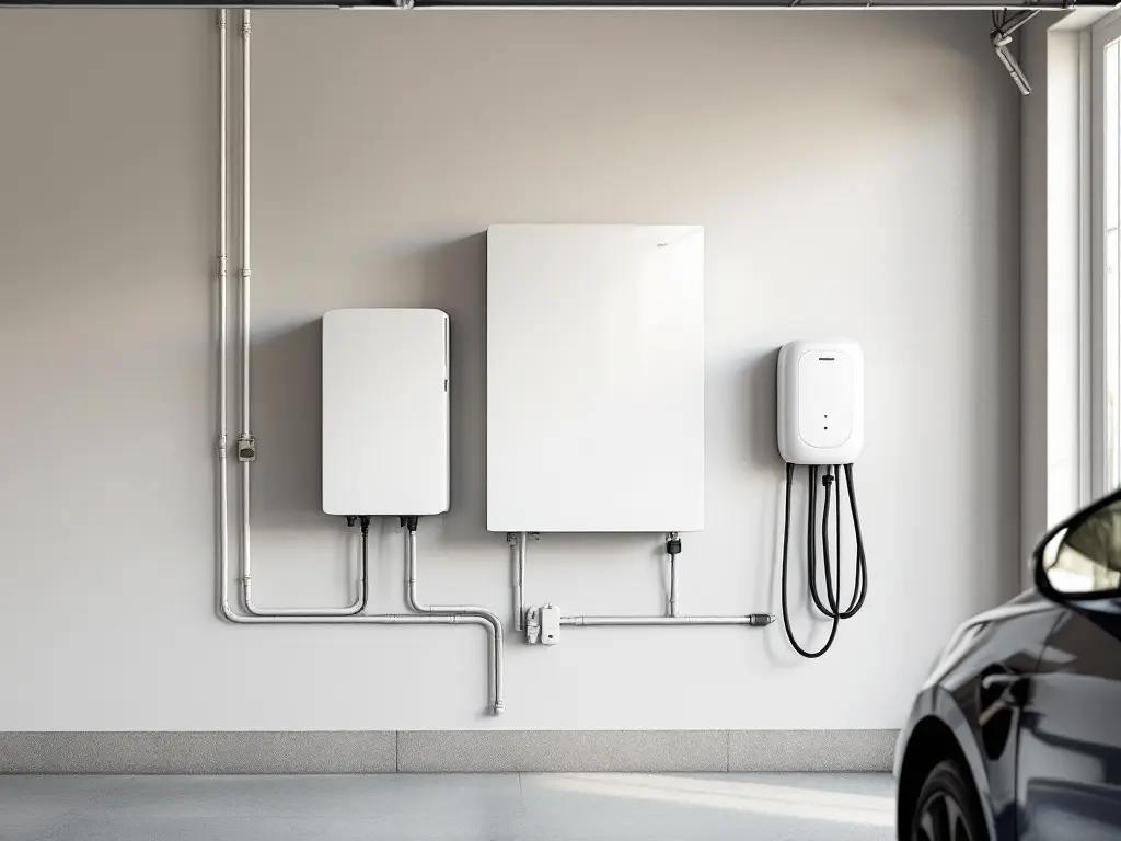A wall-mounted home battery beside a Level 2 EV charger in a customer's garage