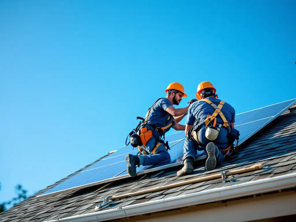 Two Brightline installers in harnesses lifting a solar panel onto roof rails