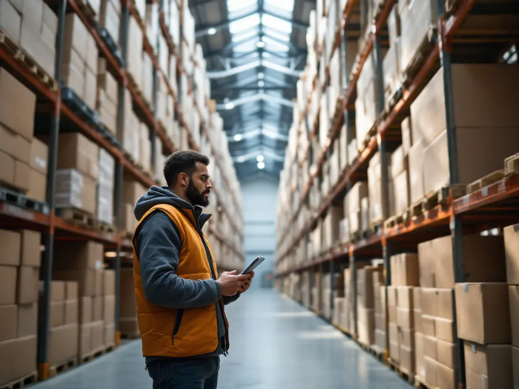 A Halvard Supply buyer in an orange vest checks the reorder queue on a tablet, standing in a long aisle of racked cartons.